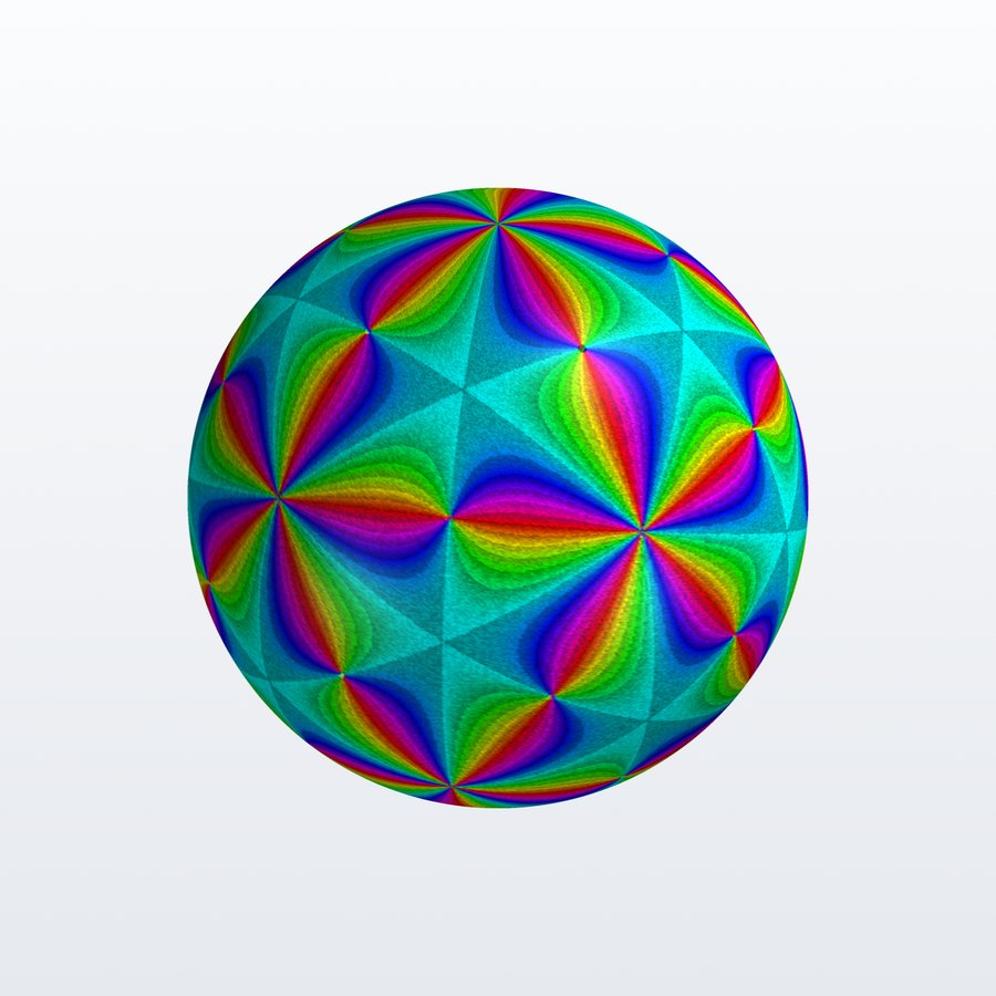 Riemann sphere colored by phase, with a repeating pattern of zeros and poles arranged with icosahedral symmetry.