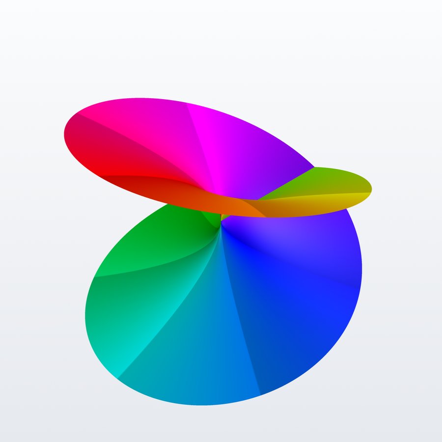 Riemann surface of the square root: a two-sheeted colored surface winding around the branch point at the origin.