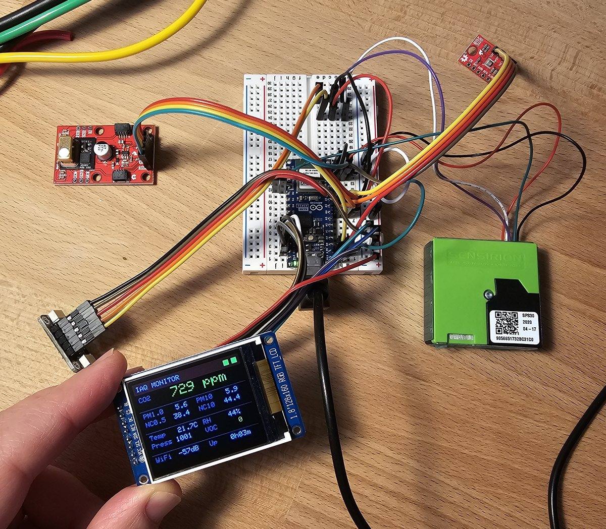 Sensor node on a breadboard: Arduino Nano ESP32 wired to CO2, particulate, environmental, and VOC sensors with a small TFT display.