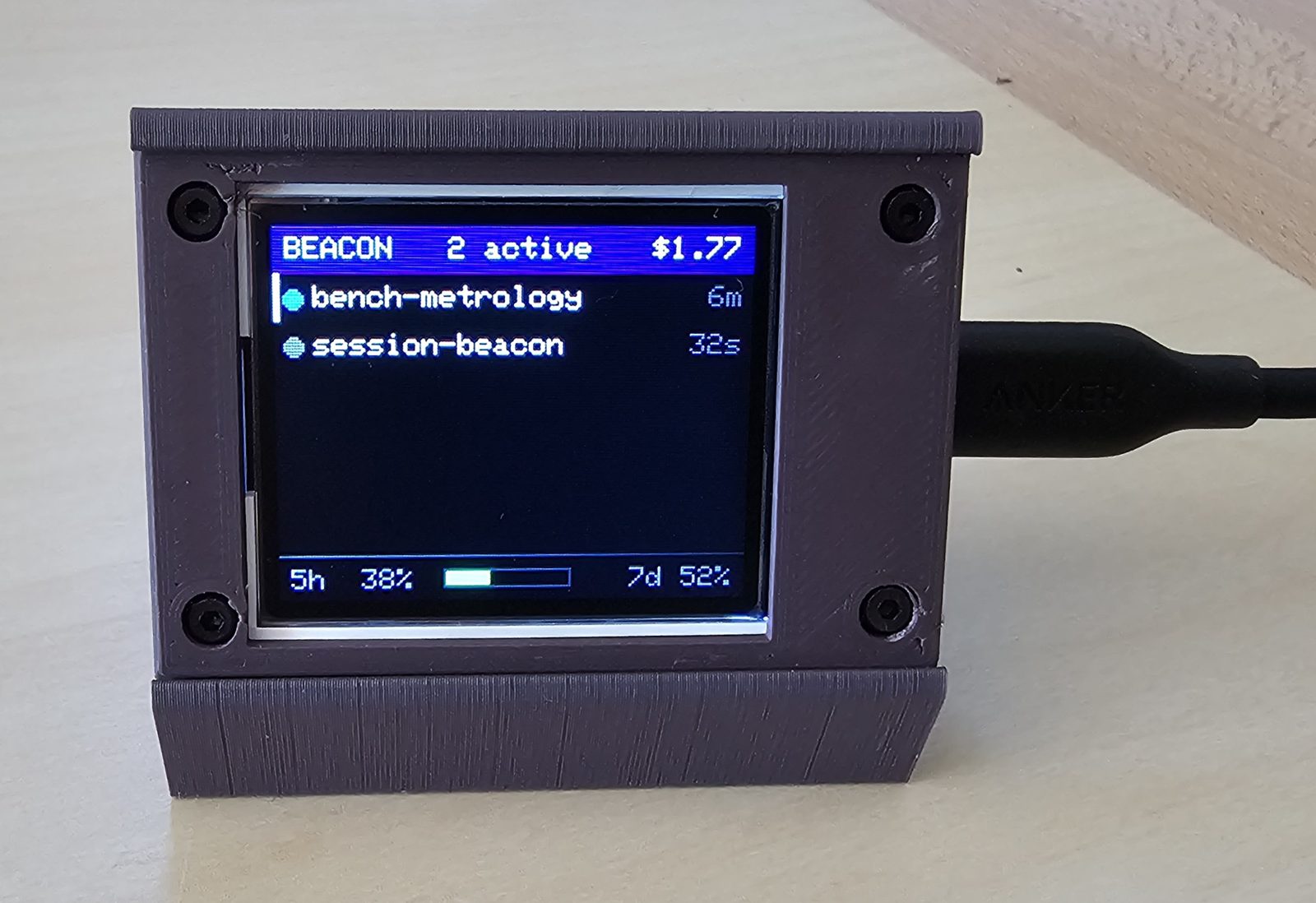 A small 3D-printed purple enclosure on a desk, its colour TFT showing a BEACON header with two active sessions, their elapsed times, and five-hour and seven-day usage bars.