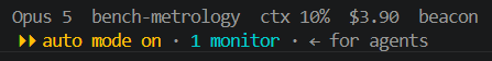 Claude Code statusline reading: Opus 5, bench-metrology, ctx 10%, $3.90, beacon.