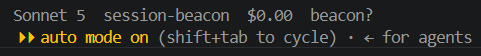Claude Code statusline reading: Sonnet 5, session-beacon, $0.00, beacon?
